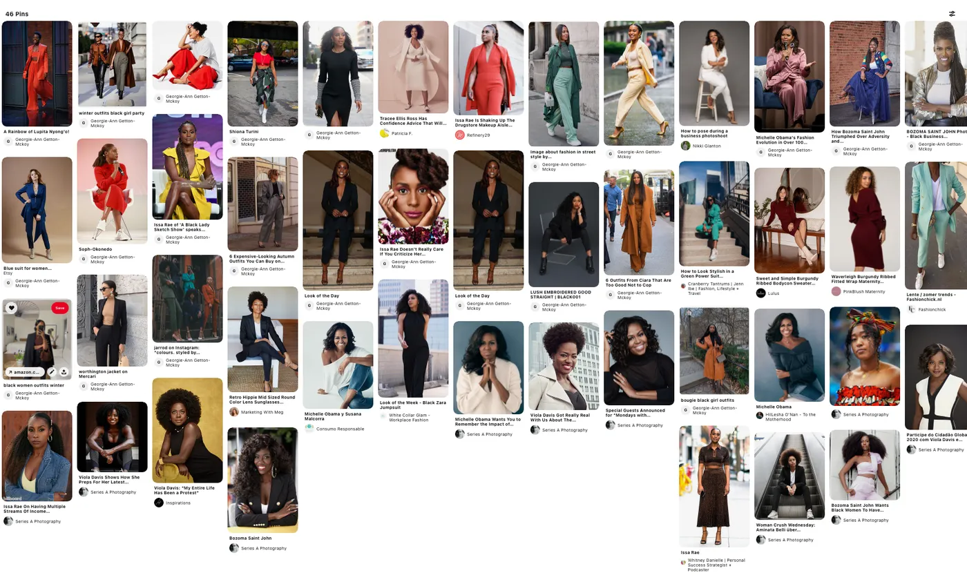 Georgie’s mood board included many pictures of powerful Black women in strong, confident poses. Link to board.